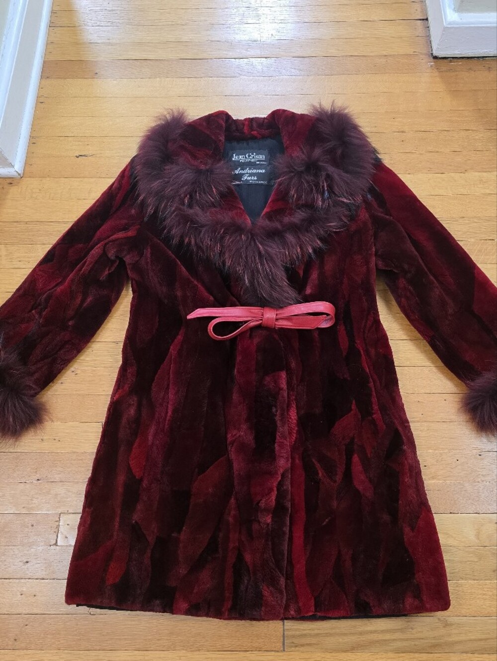 Jean Crisan Andriana Furs Sheared Fur Coat w/ Finn Raccoon Trim Red Burgundy EUC